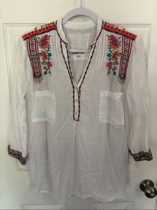 Johnny Was Tops - Johnny Was White Embroidered Linen Tunic with Pink & Teal Floral Accents
